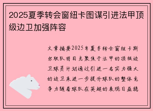 2025夏季转会窗纽卡图谋引进法甲顶级边卫加强阵容 2025夏季转会窗纽卡图谋引进法甲顶级边卫加强阵容