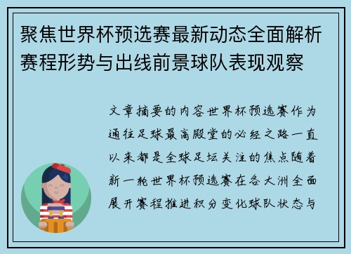 聚焦世界杯预选赛最新动态全面解析赛程形势与出线前景球队表现观察