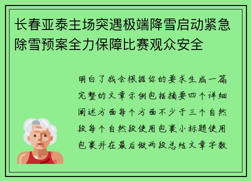 长春亚泰主场突遇极端降雪启动紧急除雪预案全力保障比赛观众安全